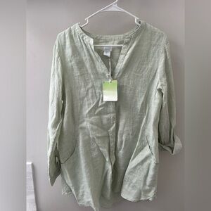 Women's large light green Sigrid Olsen 100:/: linen tunic button down shirt